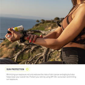 Raw Elements label close-up displaying reef-safe ingredients and SPF 50 protection