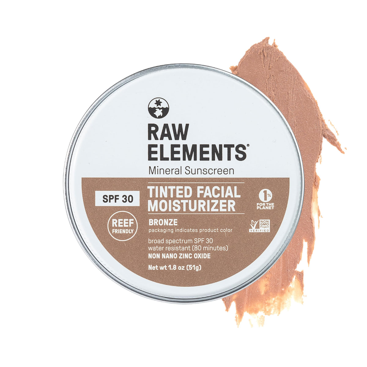 Raw Elements front packaging showing SPF 30 and bronze tint benefits