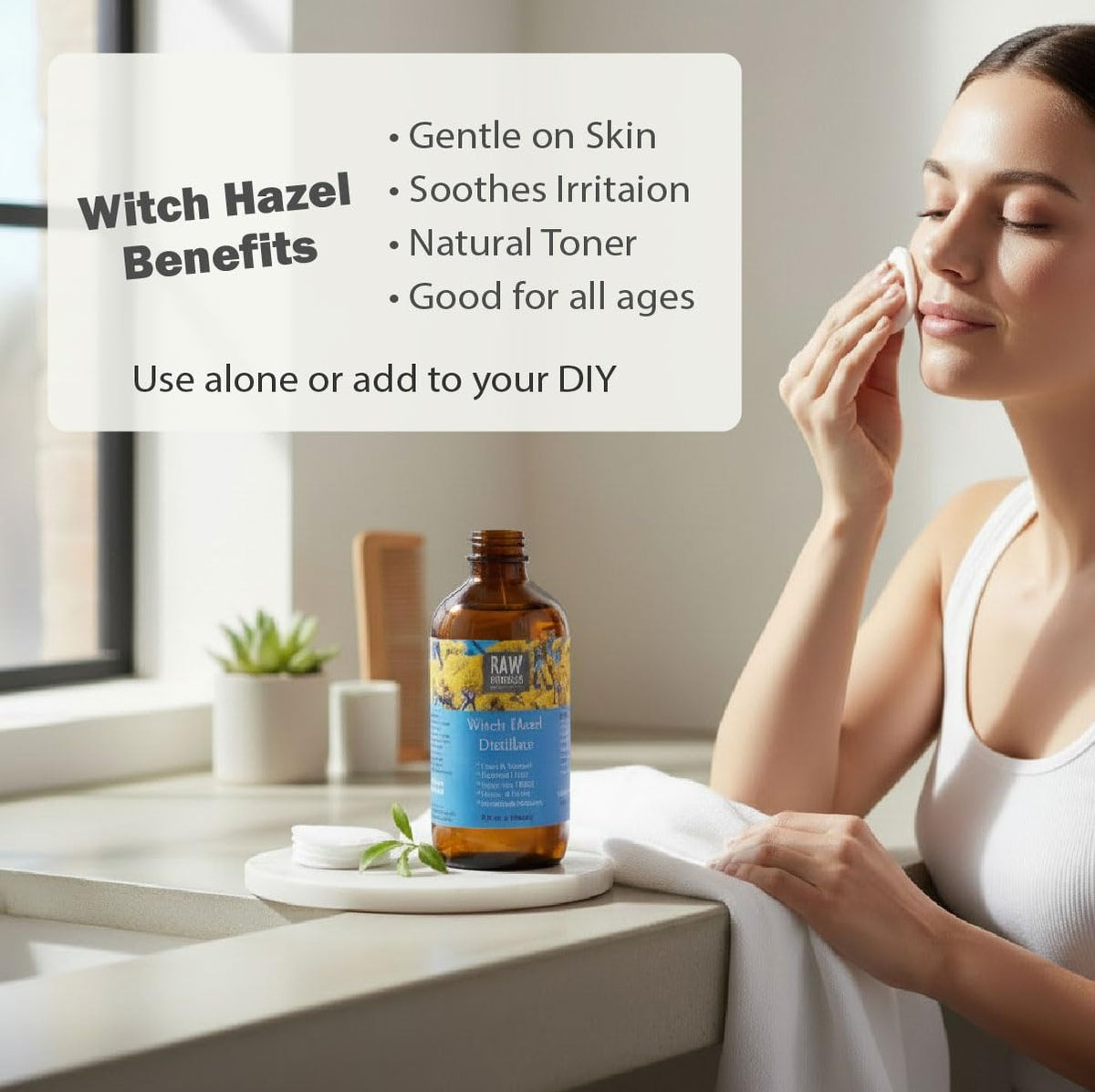 RAW MATERIALS close-up of clear witch hazel distillate texture highlighting purity and clarity