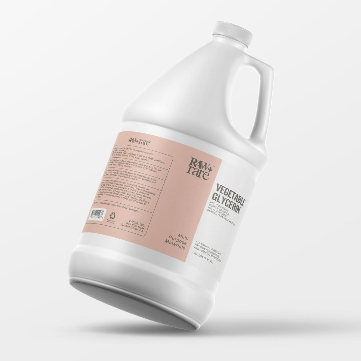 Raw Plus Rare gallon front label showing product identity and certifications benefits