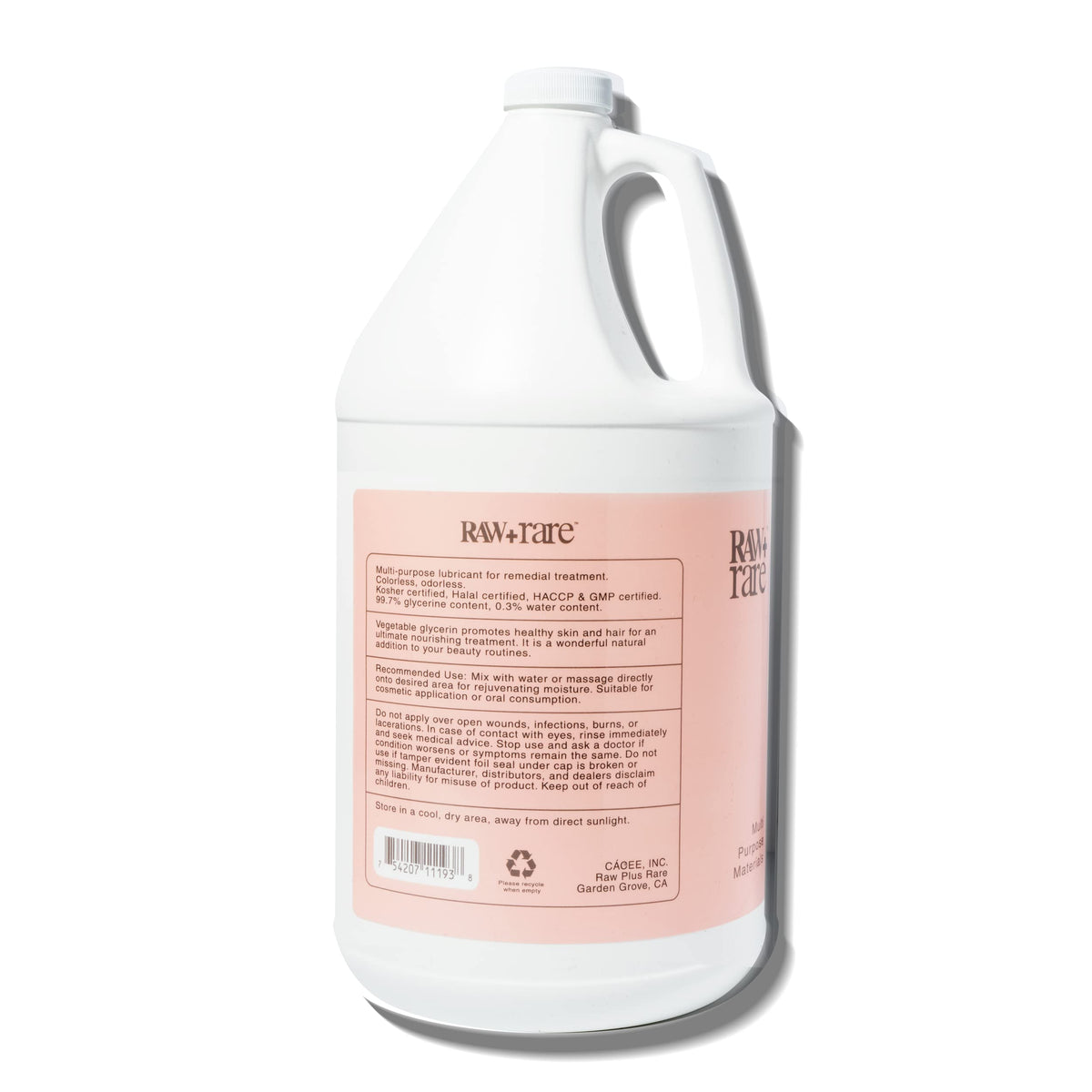 Raw Plus Rare gallon held by hand to show scale and convenient carry handle benefit