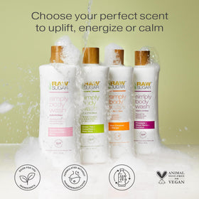RAW SUGAR bottle on shower shelf lifestyle scene promoting calming routine benefit