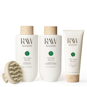 RAW SUGAR front packaging showing full scalp restore bundle and benefits