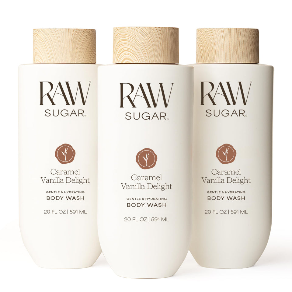 RAW SUGAR front packaging showing three 20 fl oz bottles, conveys value and scent