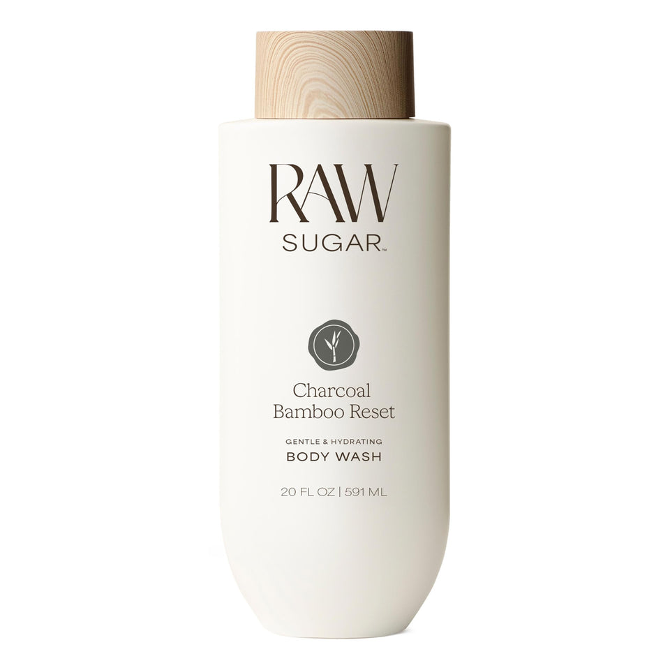 RAW SUGAR front packaging showing bottle and charcoal bamboo scent benefits