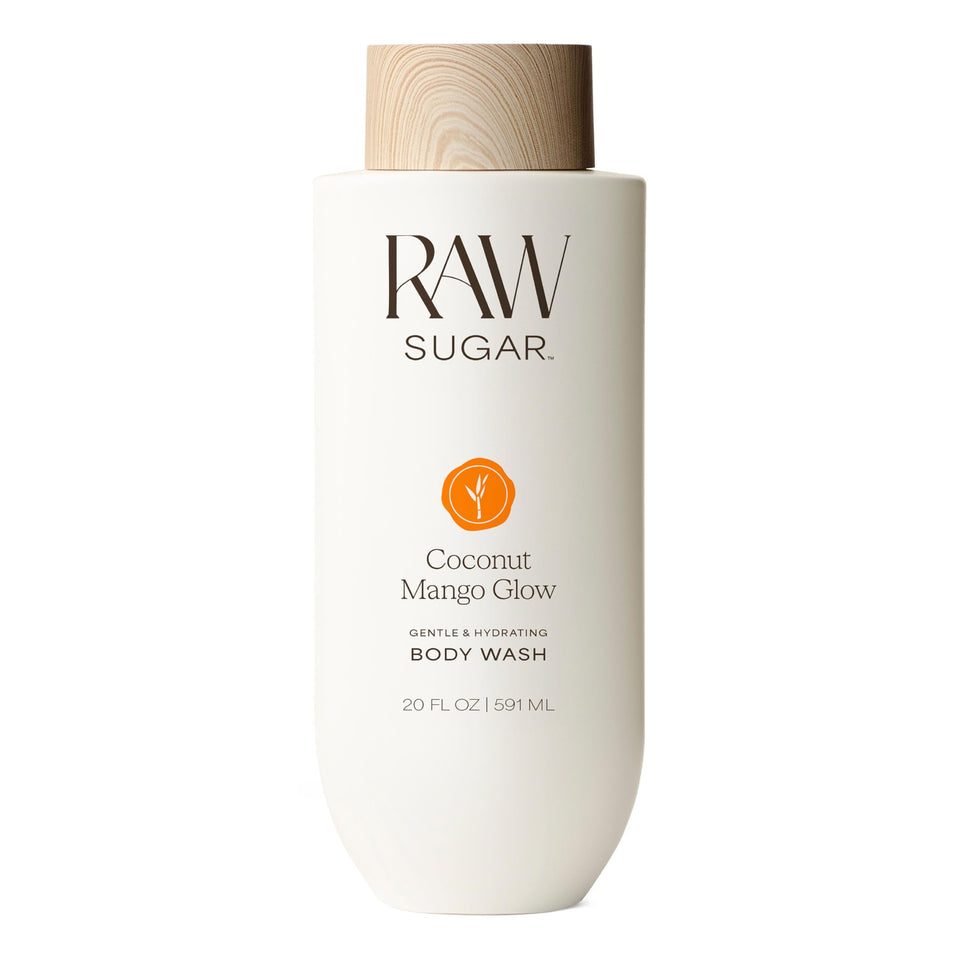 RAW SUGAR front bottle showing coconut mango fragrance and size benefit