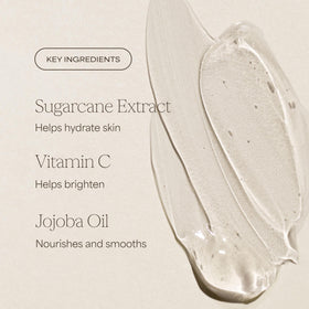 RAW SUGAR ingredients display with jojoba and Vitamin C for brightening