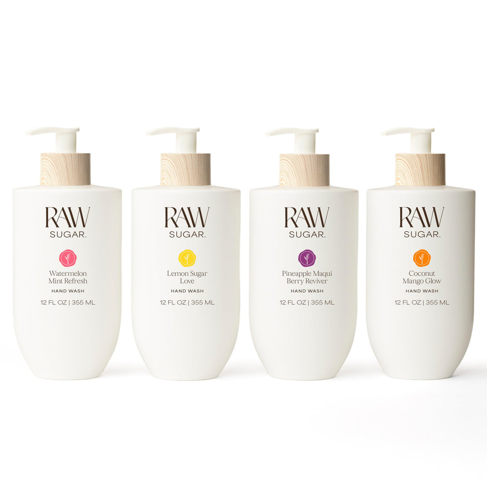 RAW SUGAR bundle front view showing four scented hand wash bottles and stylish bamboo accents, elevates decor