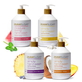 RAW SUGAR front packaging bundle showing four 16.9 fl oz bottles, easy selection benefit