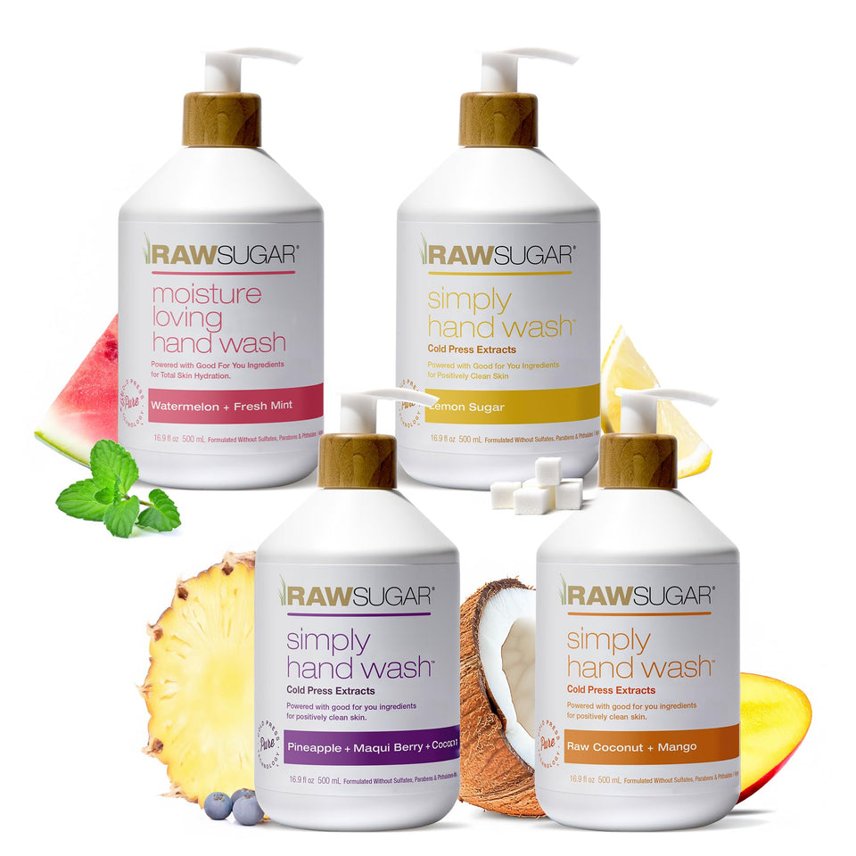 RAW SUGAR front packaging bundle showing four 16.9 fl oz bottles, easy selection benefit