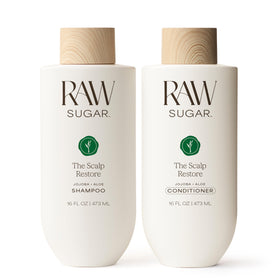 RAW SUGAR front packaging showing shampoo and conditioner for clear scalp