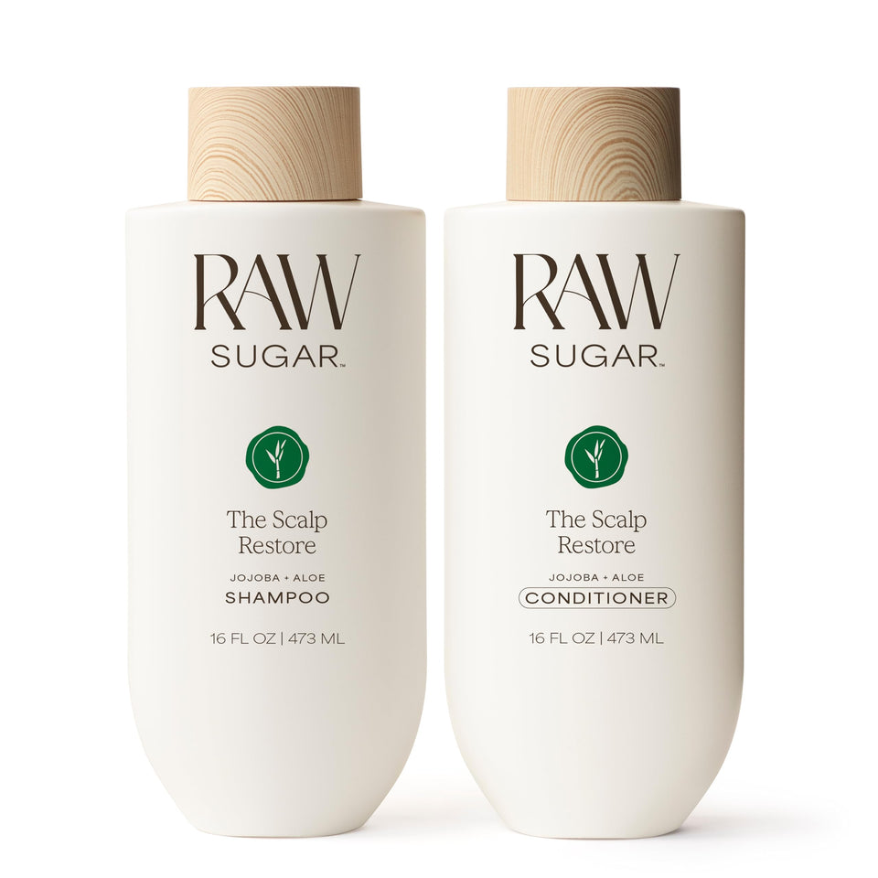 RAW SUGAR front packaging showing shampoo and conditioner for clear scalp