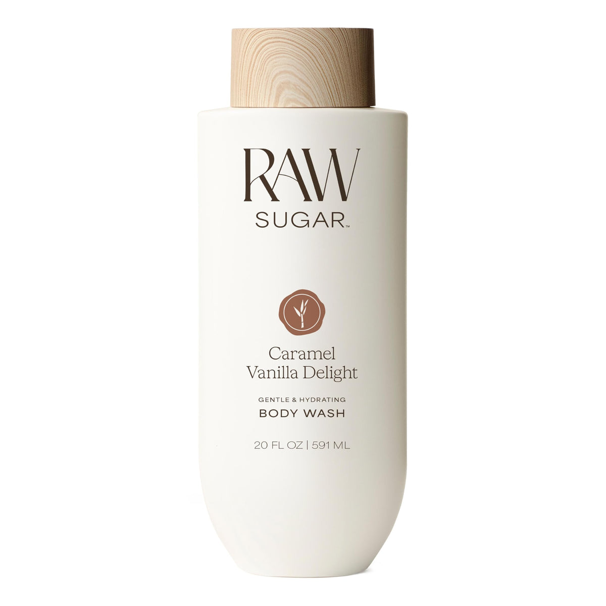 RAW SUGAR front packaging showing 20 fl oz bottle and caramel vanilla scent benefit