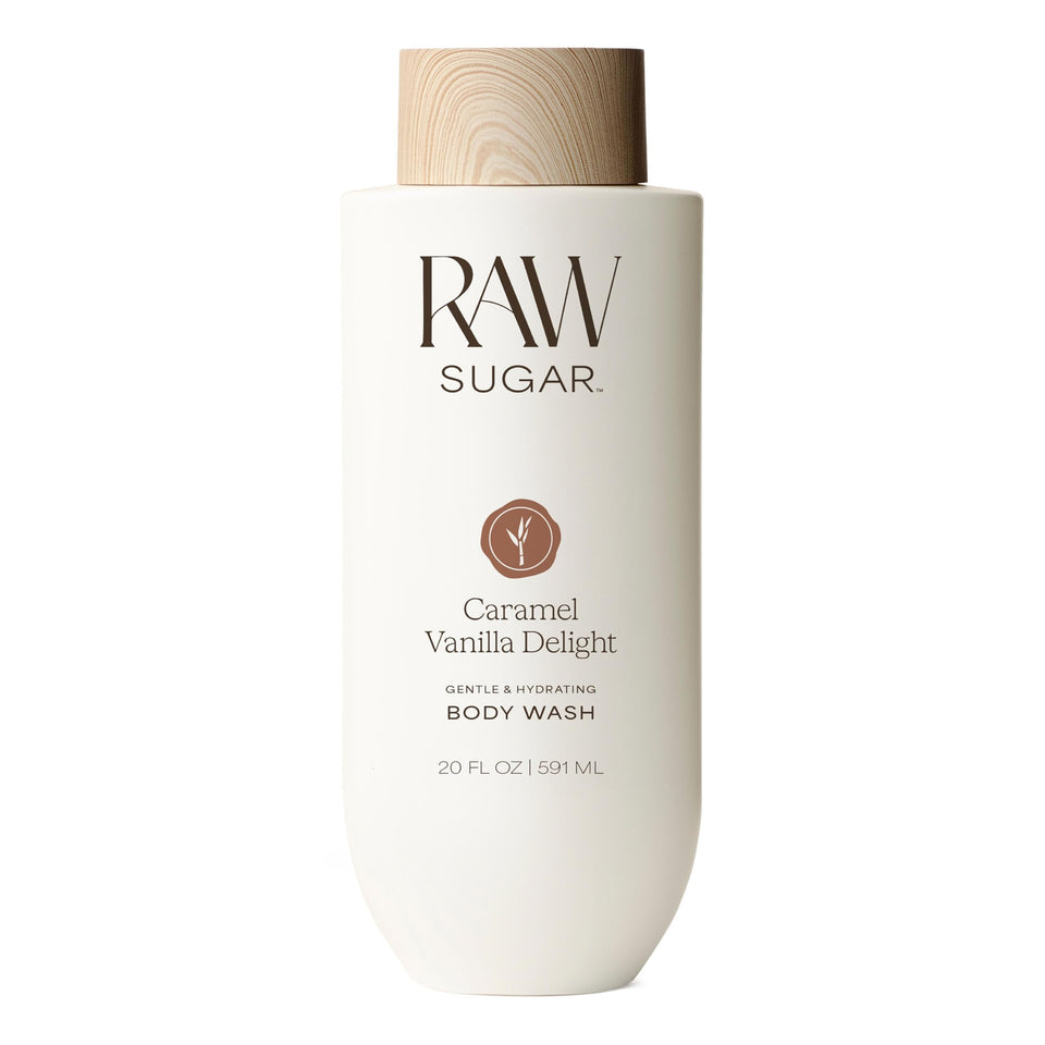RAW SUGAR front packaging showing 20 fl oz bottle and caramel vanilla scent benefit
