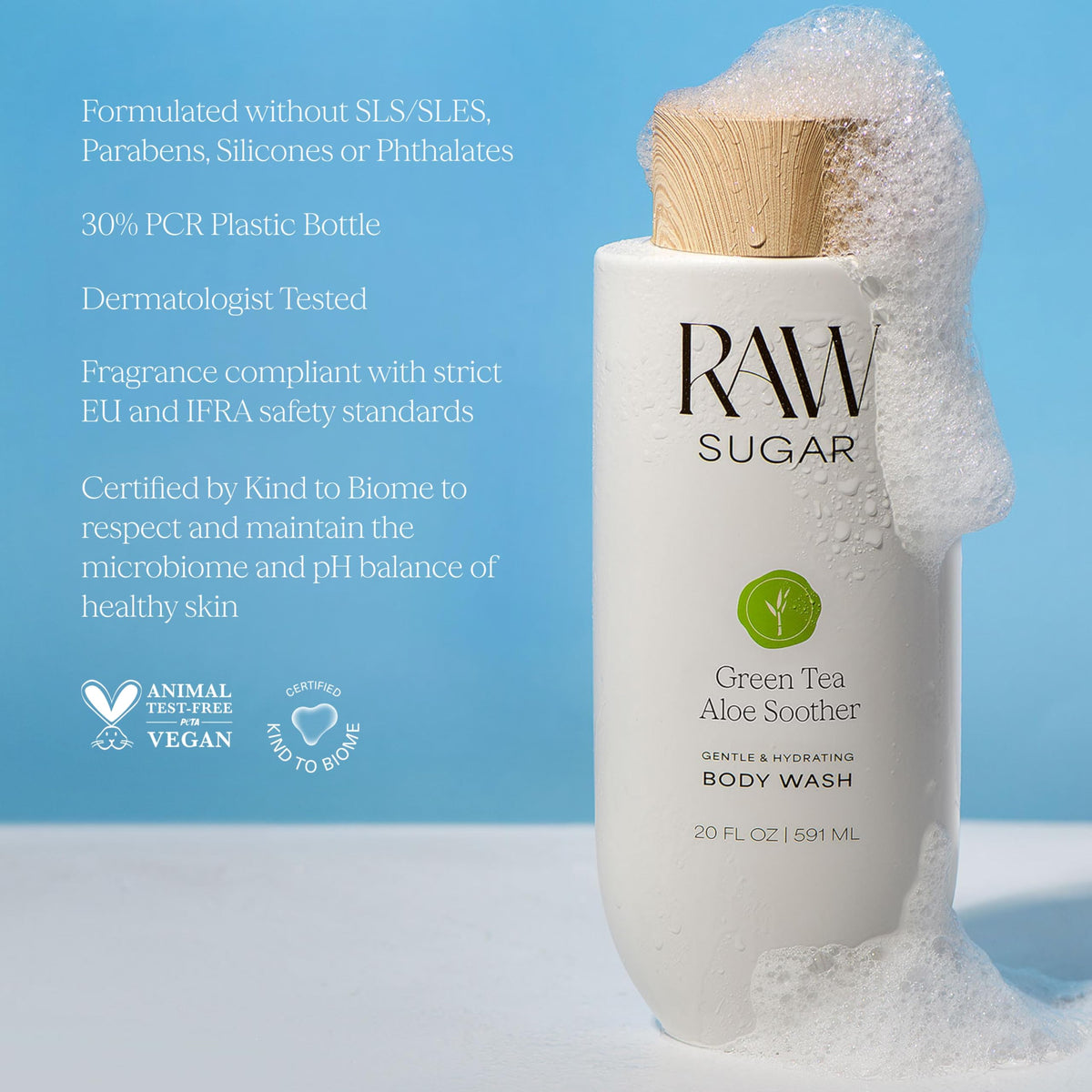 RAW SUGAR bottle on shower shelf suggesting daily use and gentle cleansing