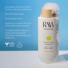 RAW SUGAR ingredients displayed with sugarcane and lemon for natural hydration
