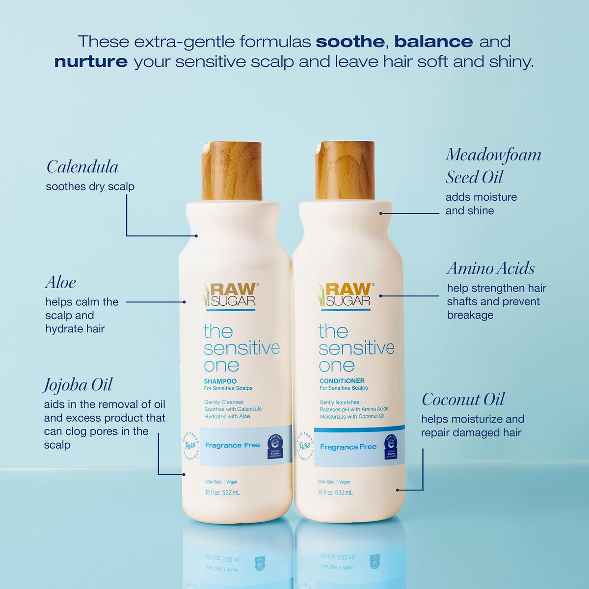 RAW SUGAR label close-up highlighting calendula, aloe, and clean ingredients