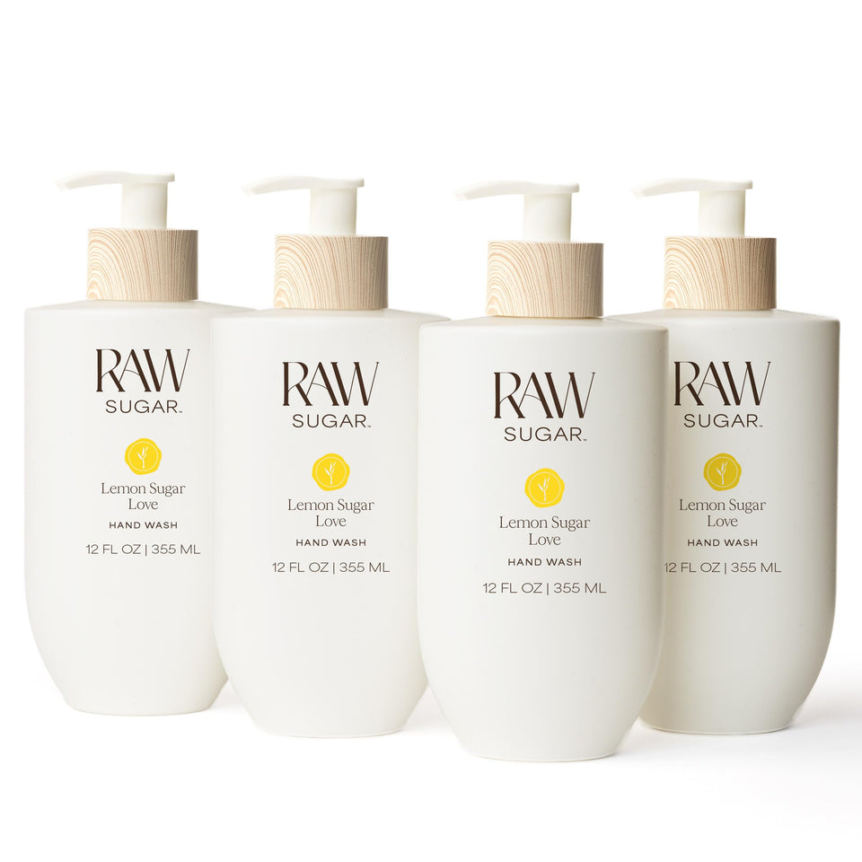 RAW SUGAR front packaging showing four 12 fl oz bottles and citrus scent benefit