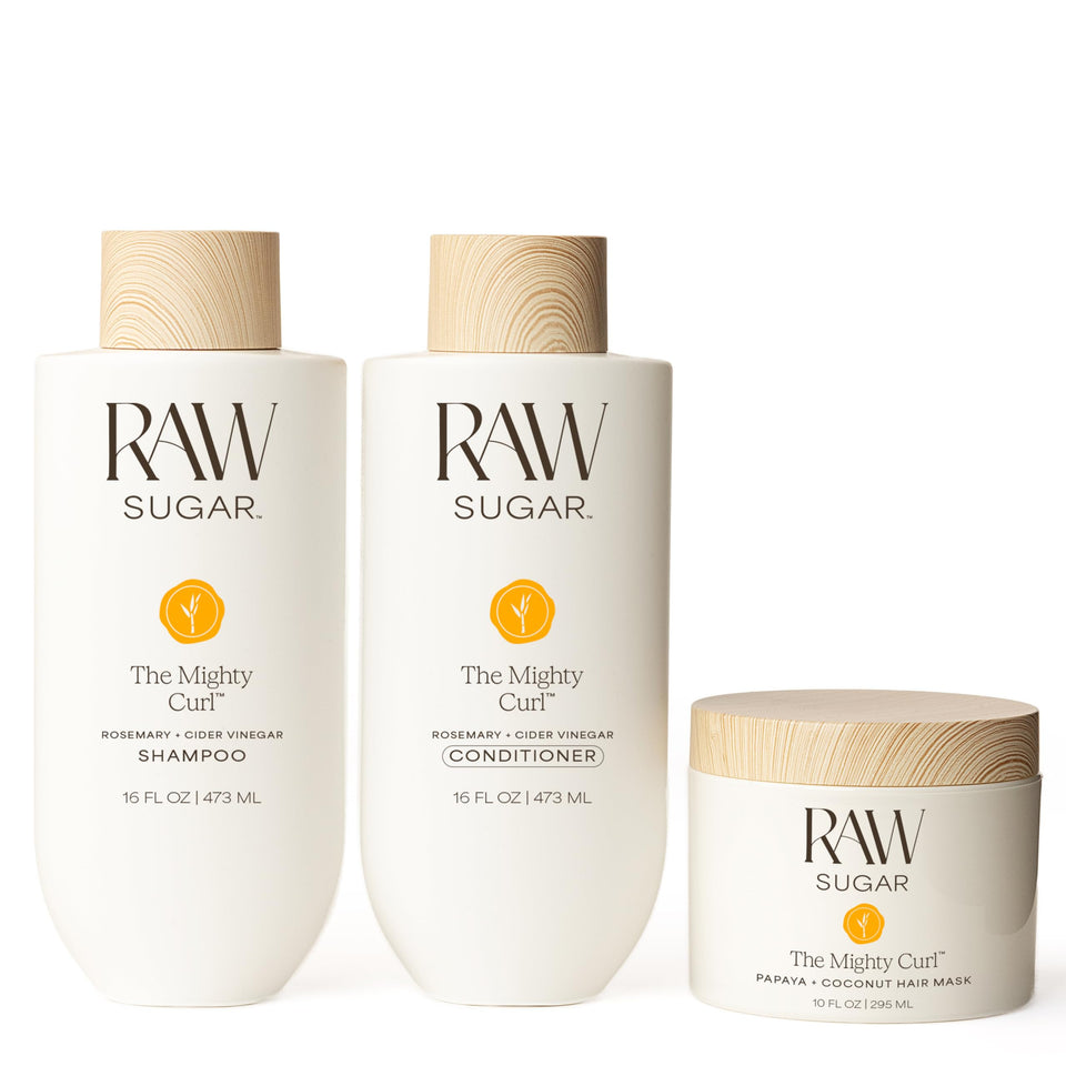 RAW SUGAR front packaging showing trio for defined curls and gentle cleansing