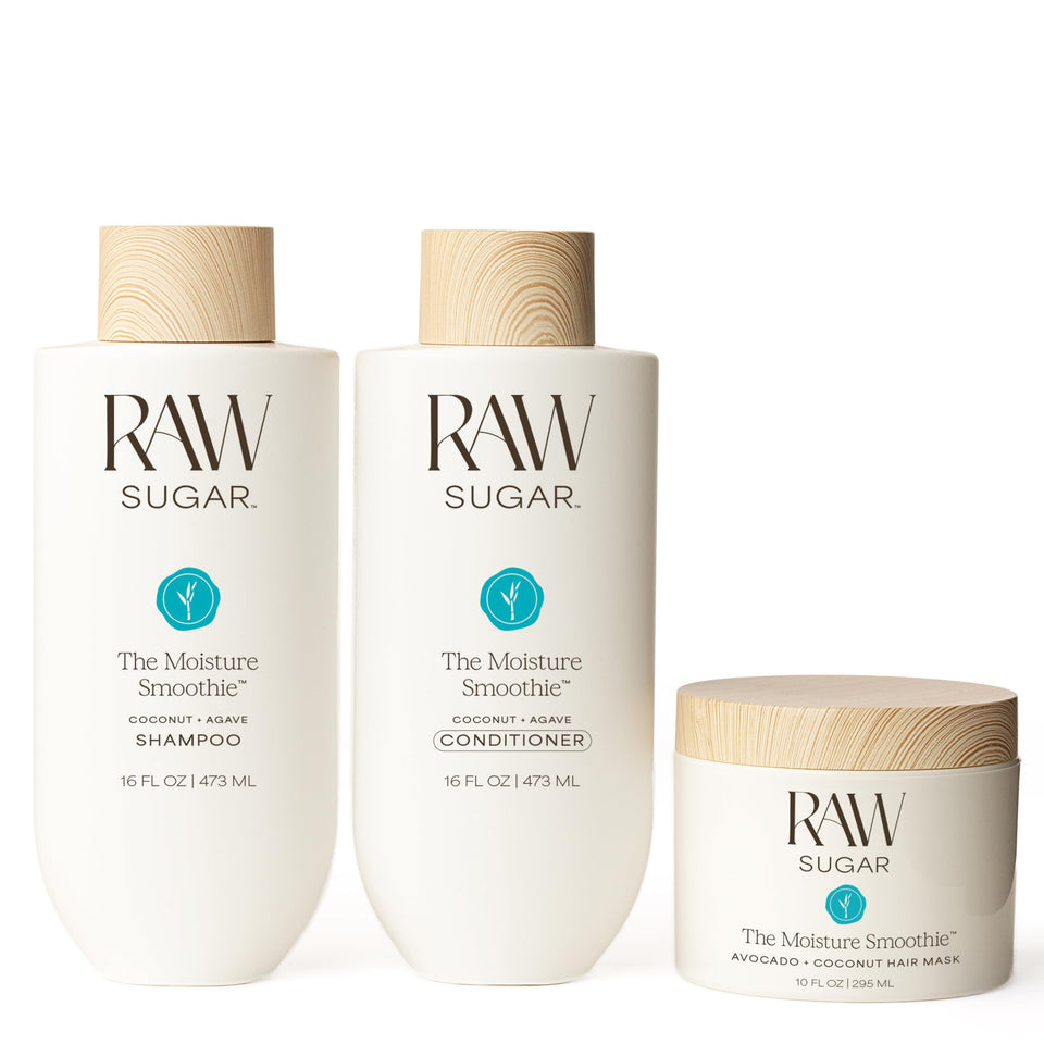 RAW SUGAR front packaging of Moisture Smoothie bundle showing full set and benefits