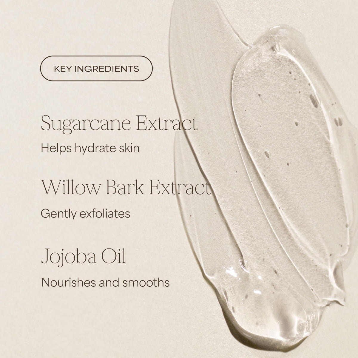 RAW SUGAR ingredients display with sugarcane and jojoba visuals emphasizing natural smoothing benefits