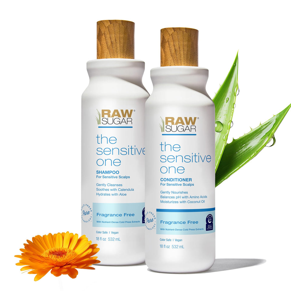 RAW SUGAR front packaging showing fragrance-free sensitive duo benefits