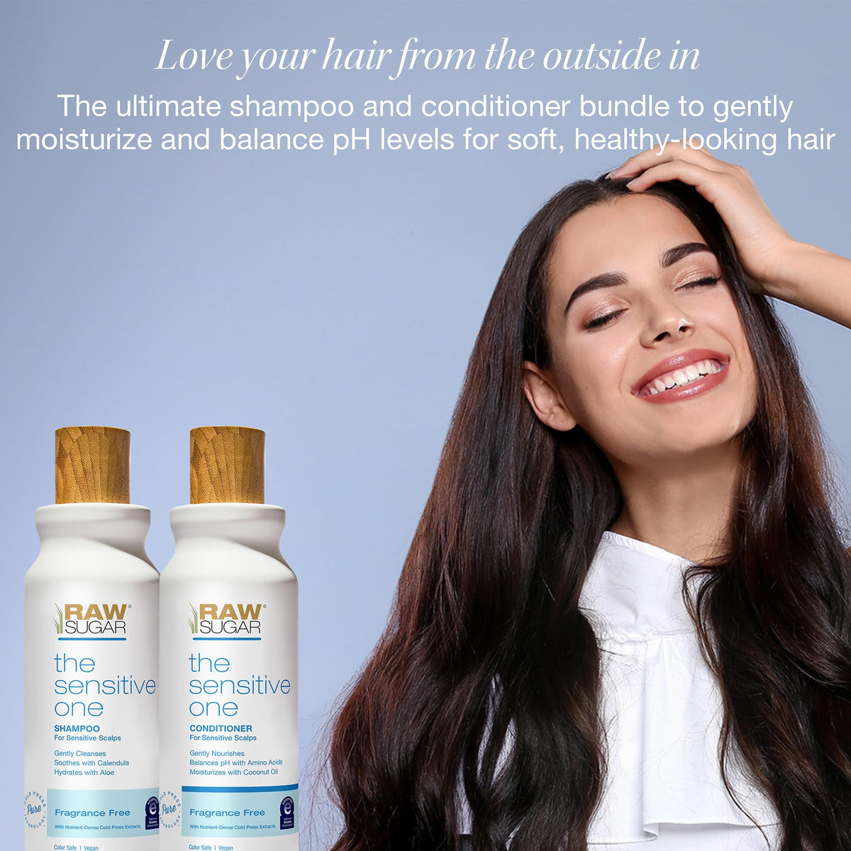 RAW SUGAR shampoo and conditioner side-by-side for balanced hair care