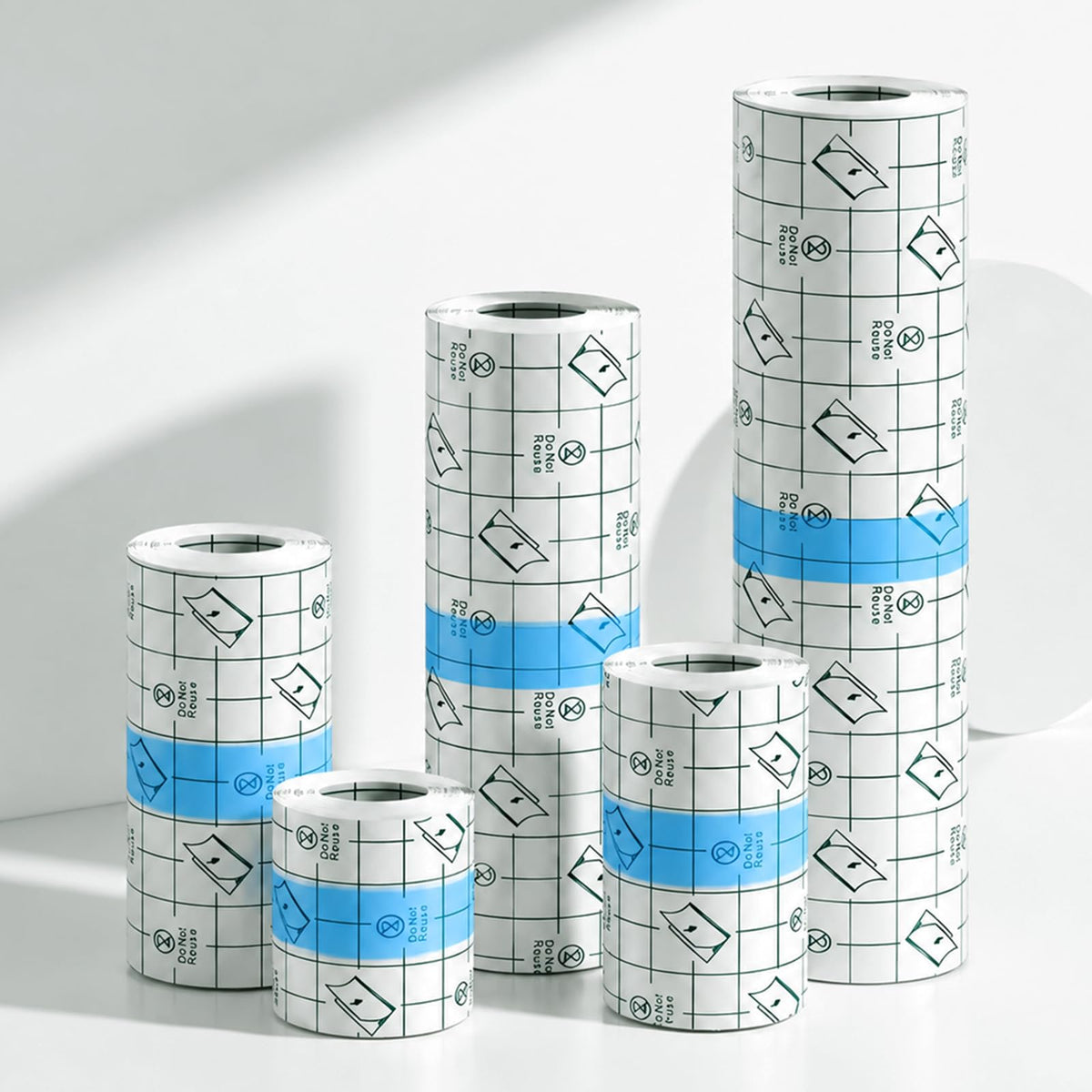 Rayyl front packaging showing five 1-yard tattoo bandage rolls and sizes to protect tattoos