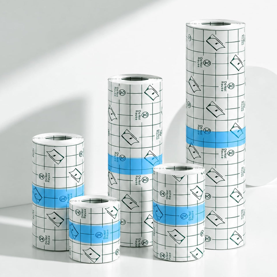 Rayyl front packaging showing five 1-yard tattoo bandage rolls and sizes to protect tattoos