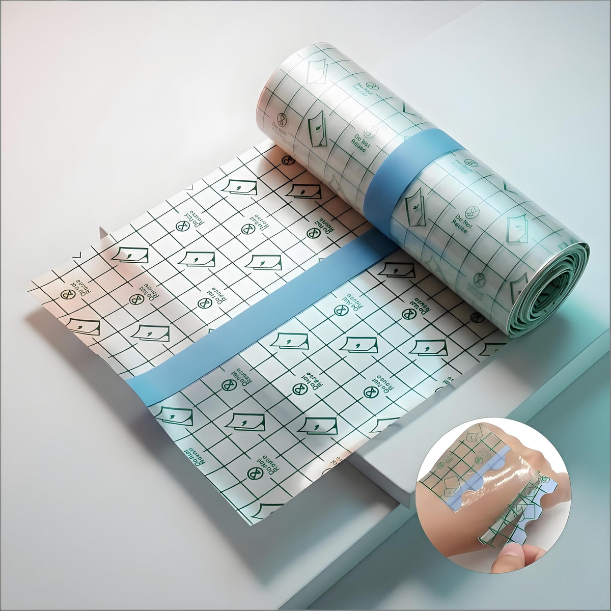 Rayyl close-up of grid-backed film enabling precise cuts for custom tattoo coverage