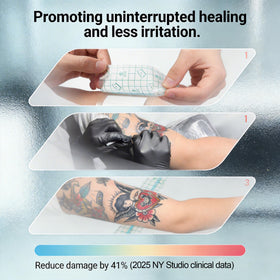 Rayyl waterproof bandage in pool scene, keeping fresh tattoo safe during brief immersion