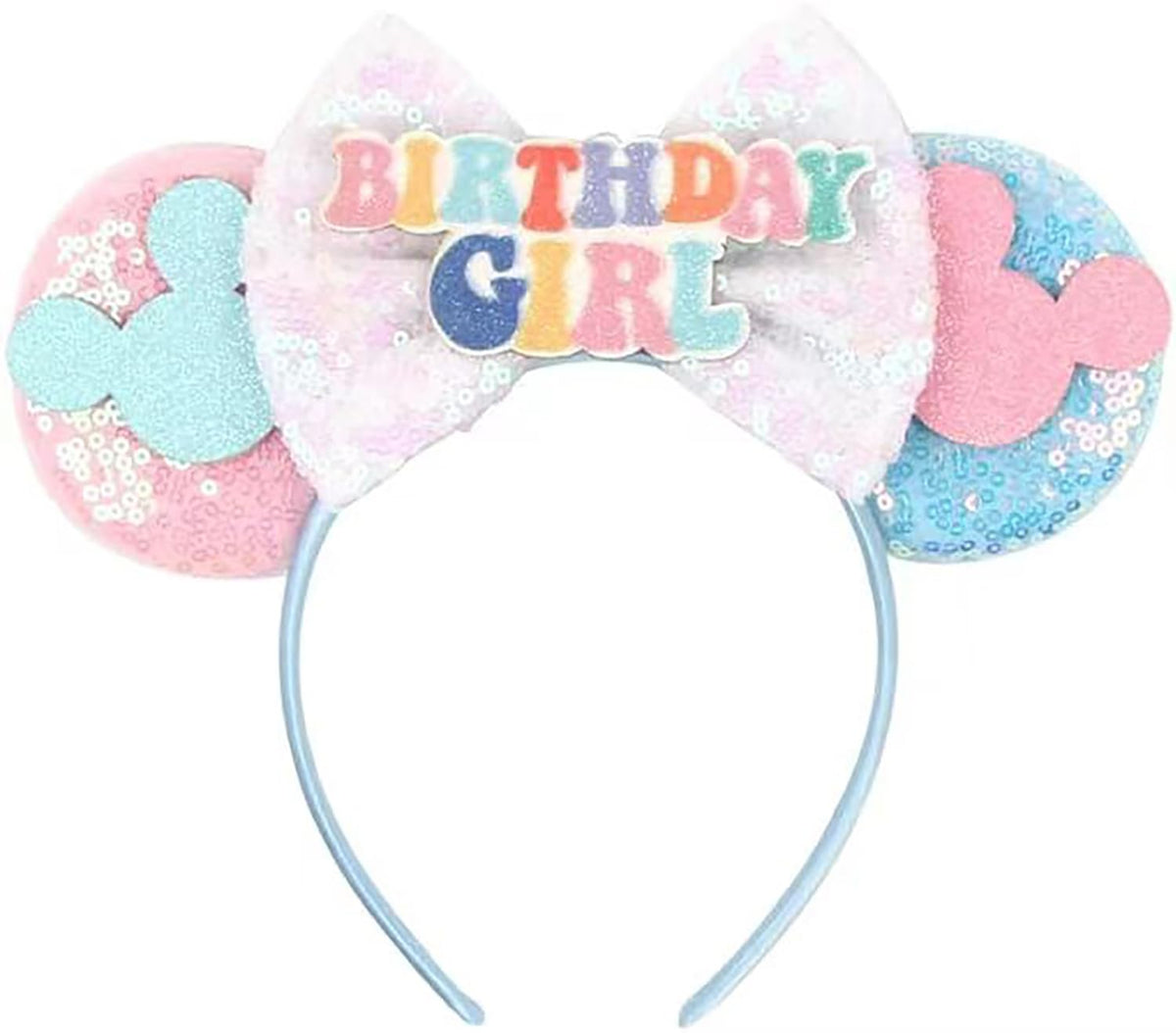 RAZKO front view of blue mouse ears headband showing sparkle and shape benefit
