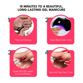 RC Red Carpet Manicure bottle under LED lamp showing fast curing and salon results