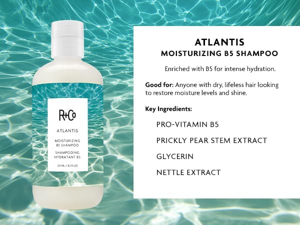 R+Co Atlantis bottle label close-up highlighting B5 and sulfate-free benefits
