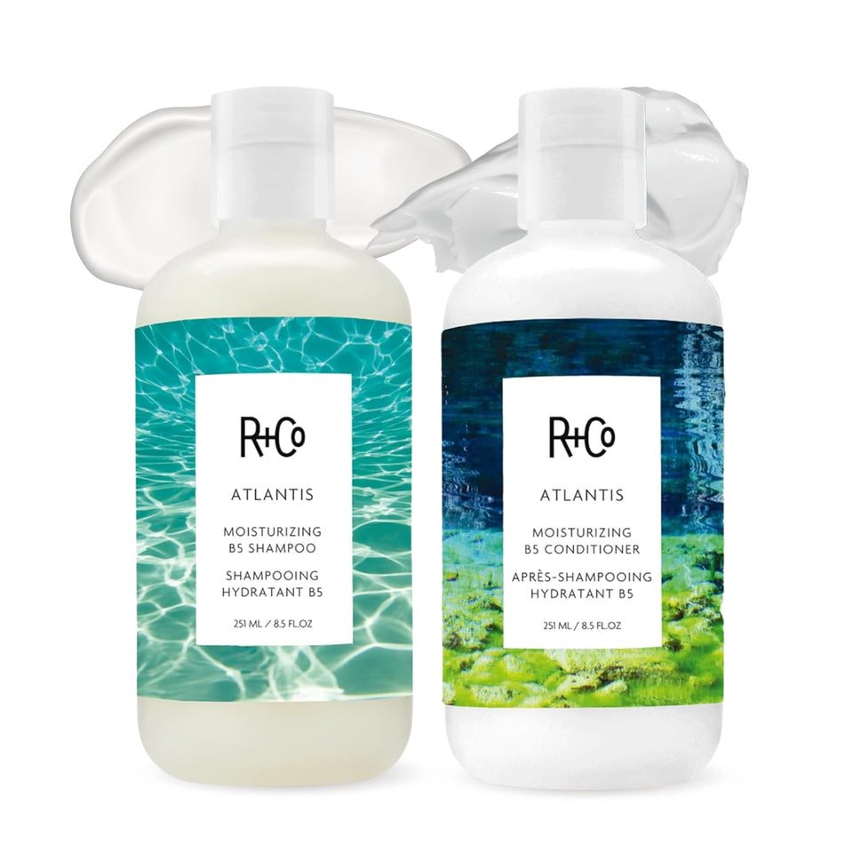 R+Co Atlantis front packaging showing both 8.5oz bottles and sample, luxury hydration