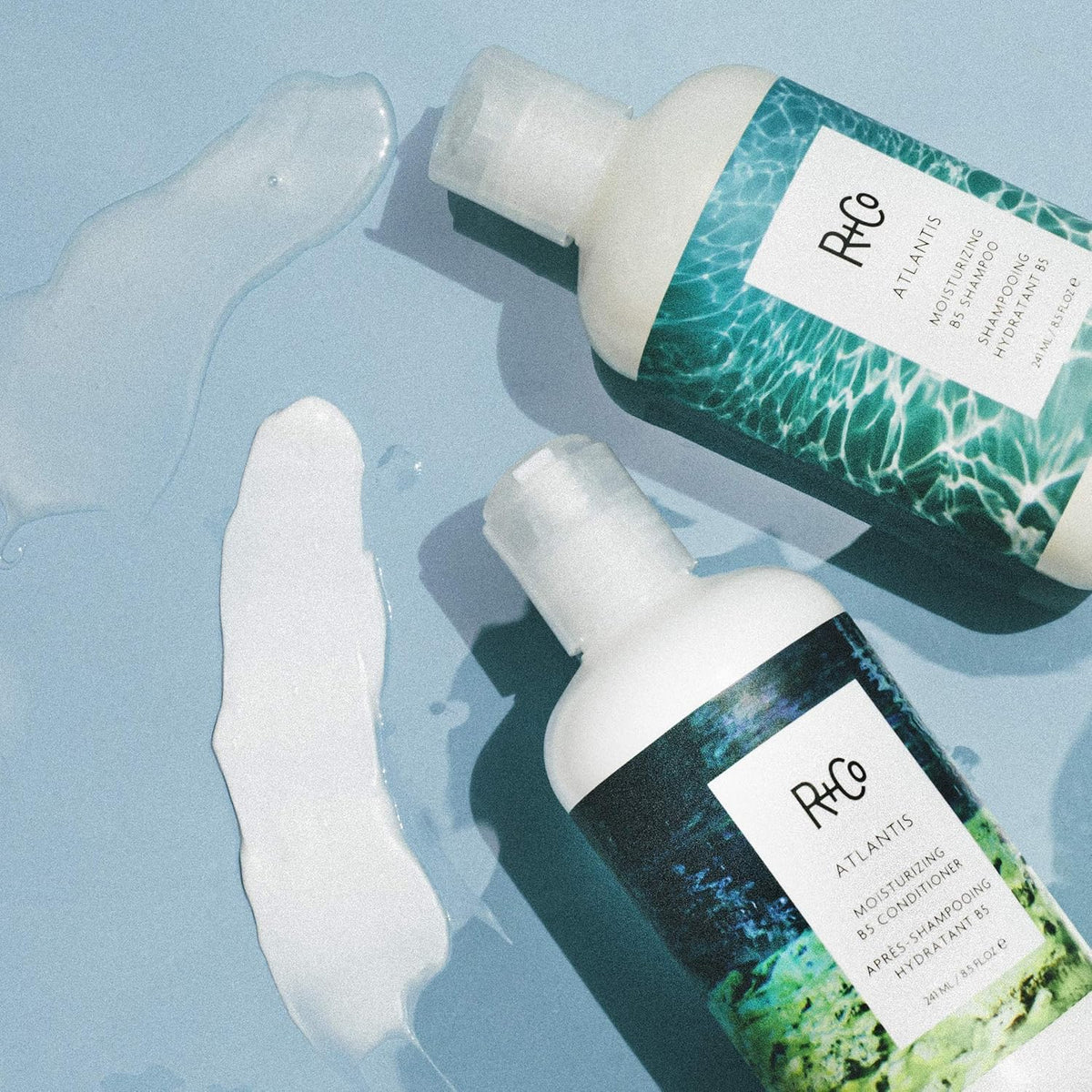 R+Co Atlantis before and after hair comparison showing reduced frizz and smoother strands