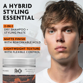 R+Co Badlands ingredient label close-up highlighting volcanic ash and oils benefits