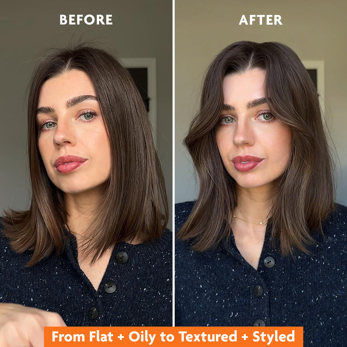 R+Co Badlands styled hair lifestyle shot showing matte texture and lived-in volume