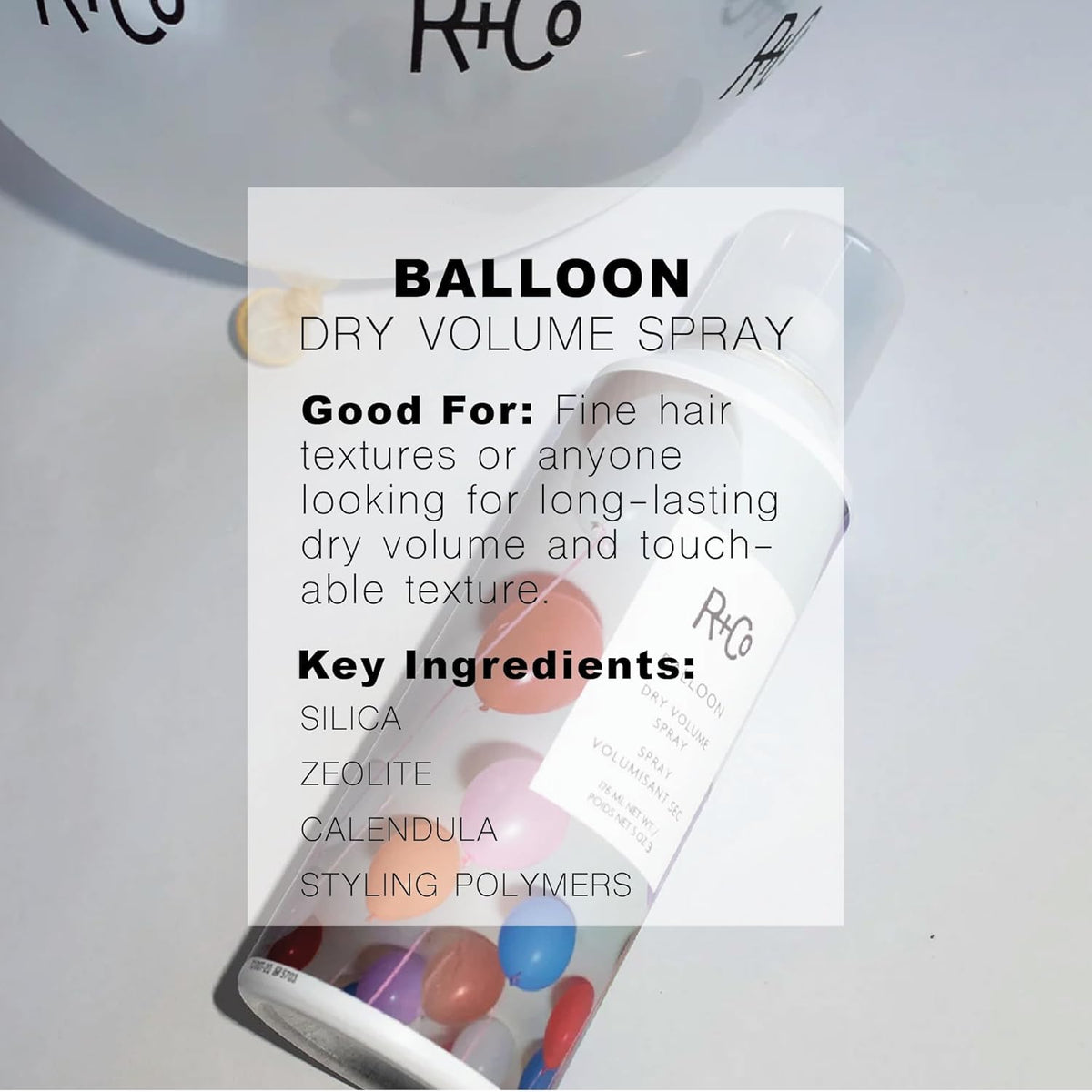 R+Co Balloon label close-up showing brand info and vegan benefit