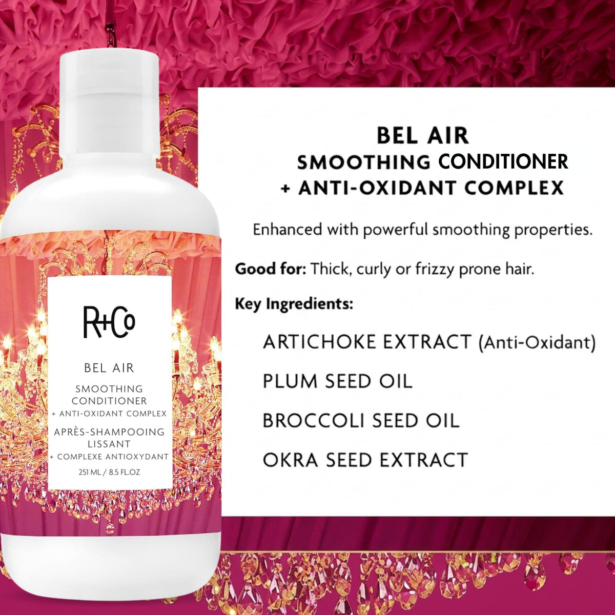 R+Co bel air before and after hair swipe showing reduced frizz and shine
