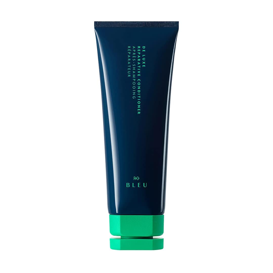 R+Co BLEU De Luxe front packaging showing bottle and benefit of repair