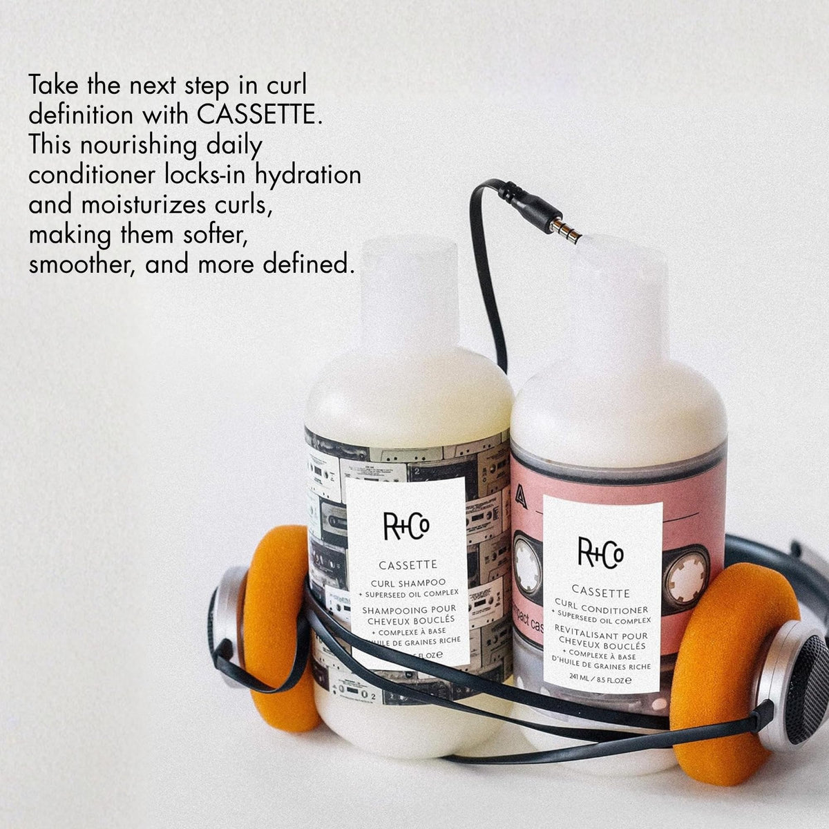 R+Co Cassette pump and label detail, demonstrates product directions and luxury finish