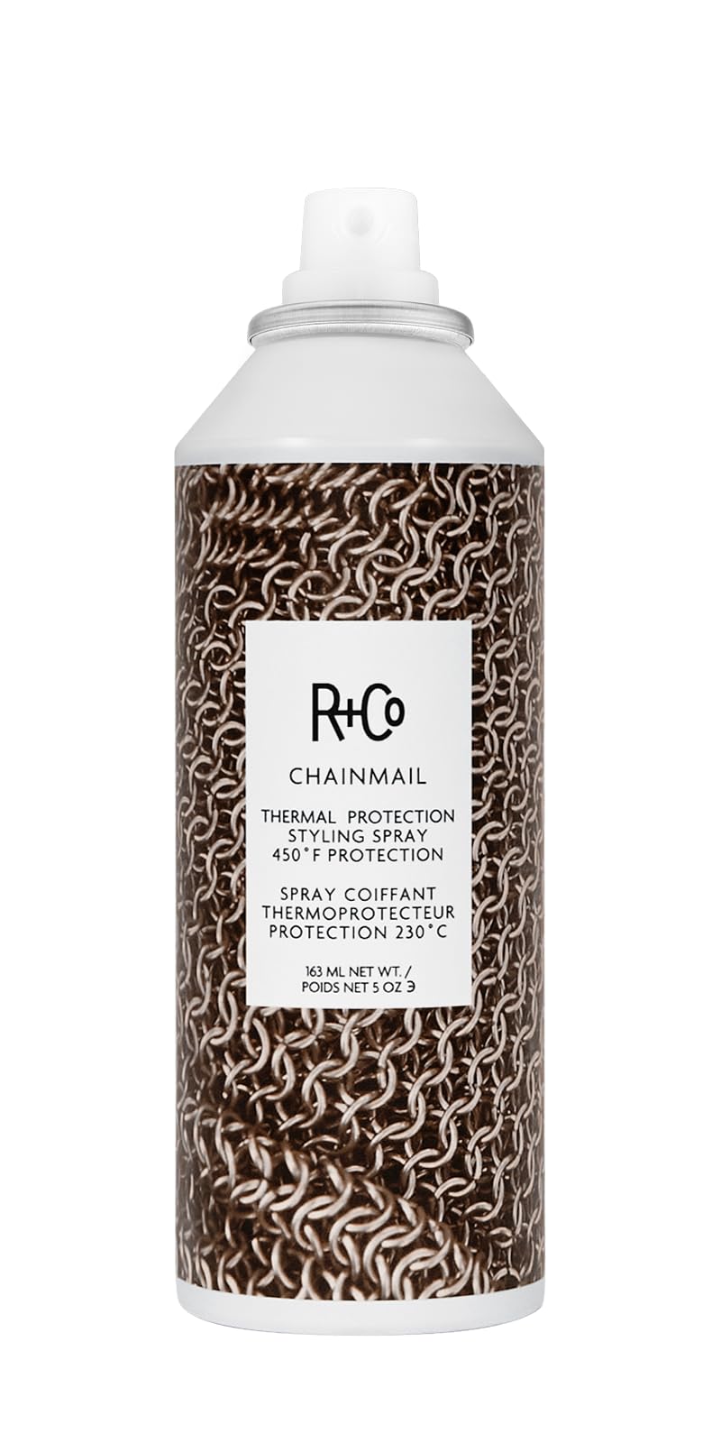 R+Co Chainmail front packaging showing sleek bottle and branding benefit protection