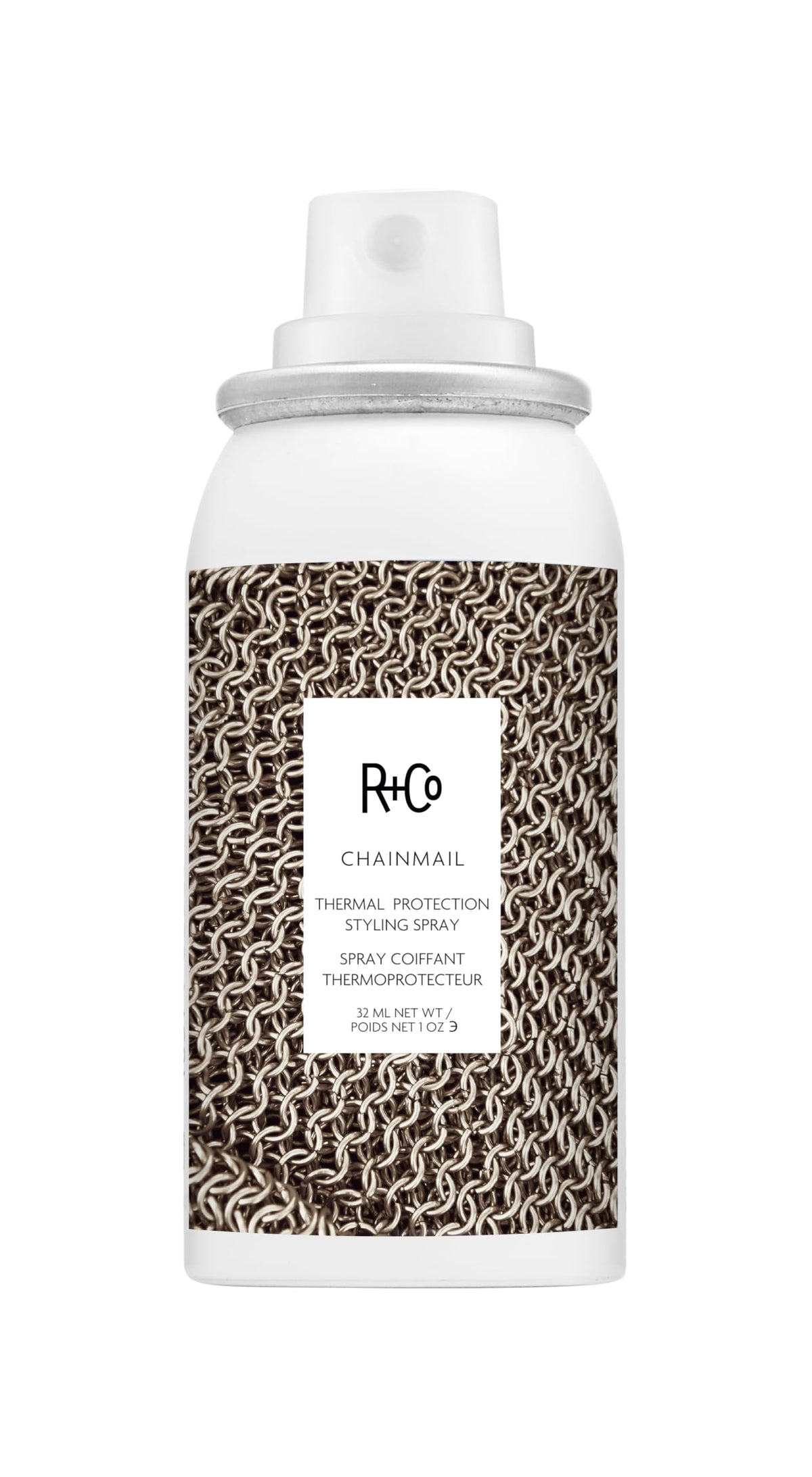 R+Co Chainmail front spray bottle showing compact travel size and protective benefits