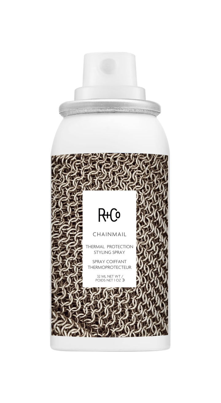 R+Co Chainmail front spray bottle showing compact travel size and protective benefits
