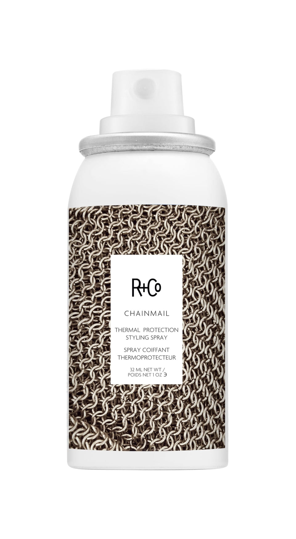 R+Co Chainmail front spray bottle showing compact travel size and protective benefits