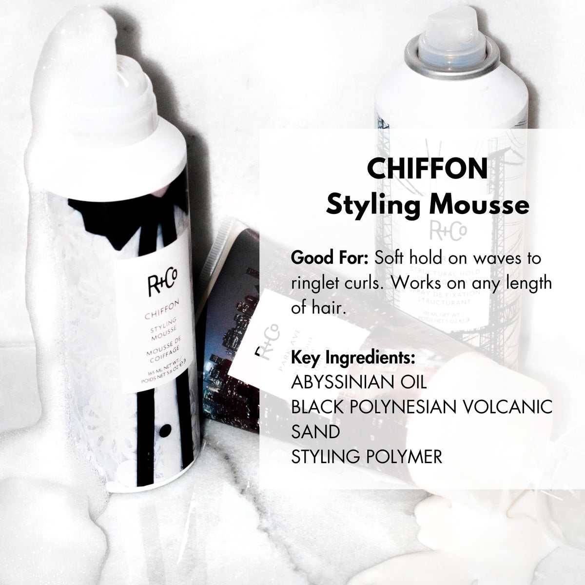 R+Co Chiffon airy foam texture close-up demonstrating lightweight volume and spreadability
