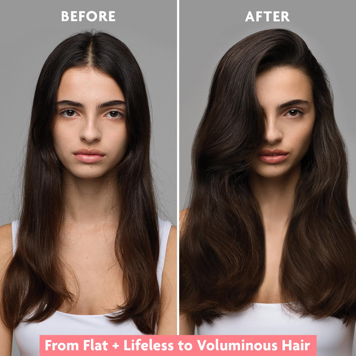 R+Co Dallas before-and-after hair comparison showing added volume and bounce effect