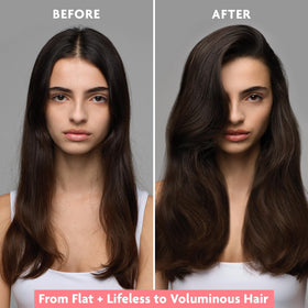 R+Co Dallas before-and-after hair comparison showing added volume and bounce effect