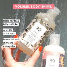 R+Co Dallas texture on hand demonstrating lightweight, easy-to-spread shampoo consistency